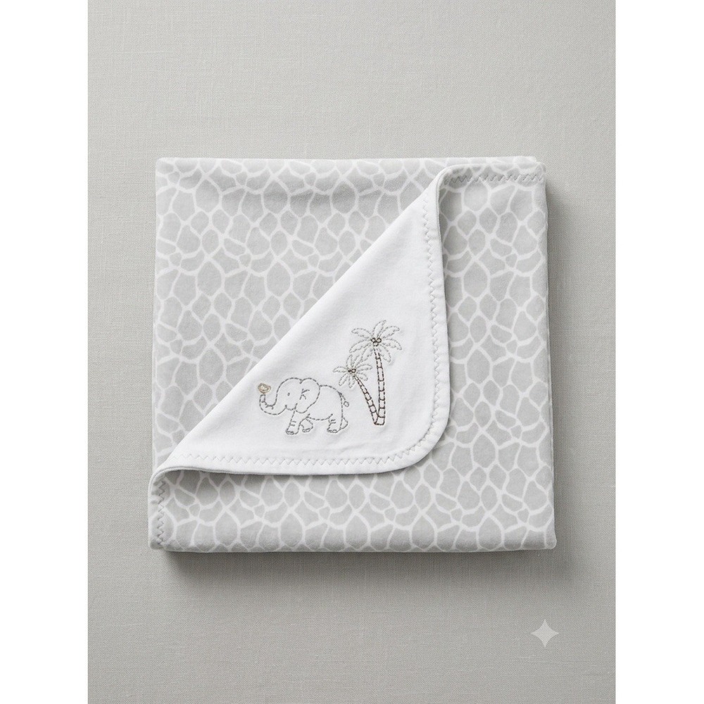 Just Born Animal Kingdom Reversible Baby‎ Blanket Gray White Elephant Embroidery